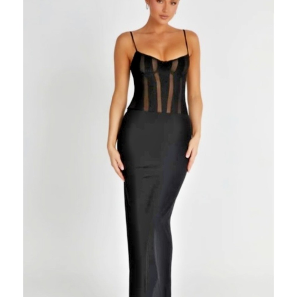 MESHKI Dress Small Black Striped Mesh Maxi Slinky Bodycon Sheer Party Club